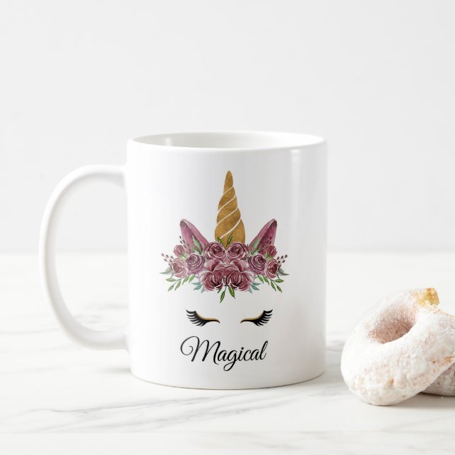 Magical Unicorn with Purple Roses Drinking Mug (With Donut)