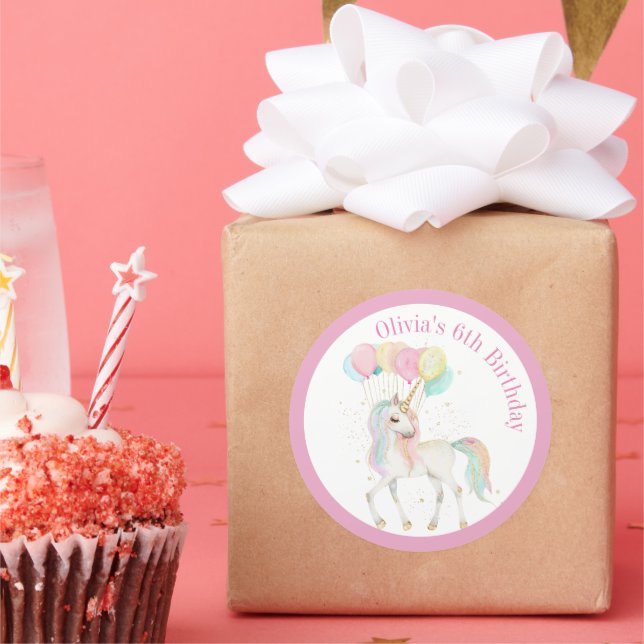 Magical Unicorn with Rainbow Balloons Classic Round Sticker (Party)