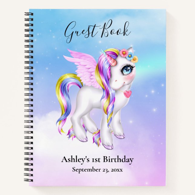 Magical Unicorn with Rainbow Mane & Tail Guestbook Notebook (Front)
