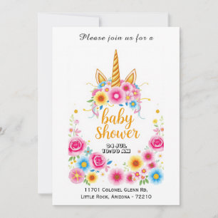 Magical Unicorn wth Colourful Flowers Baby Shower Invitation
