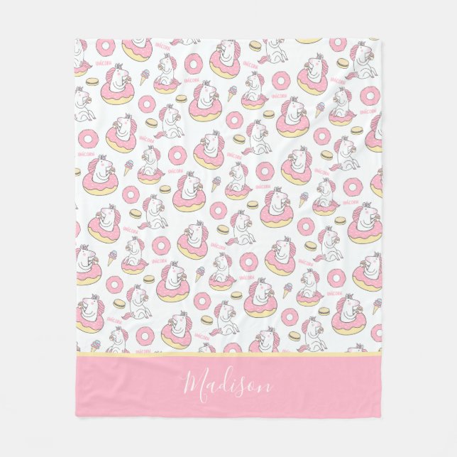 Magical Unicorns and Doughnuts Pattern with Name Fleece Blanket (Front)