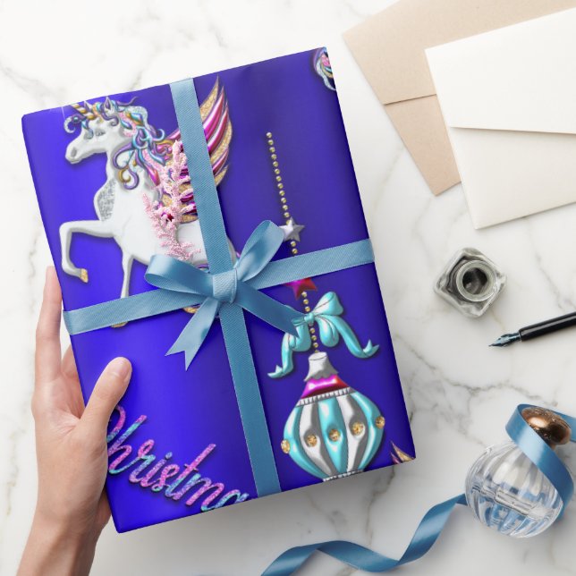 Magical Unicorns Dark Blue Christmas Wrapping Paper (Gifting)