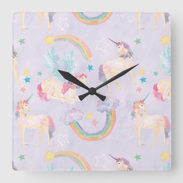 Magical Unicorns Pattern Square Wall Clock (Front)