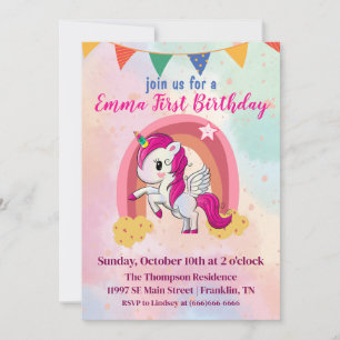 Magical Unicorns Pink Watercolor 1st Birthday Thank You Card