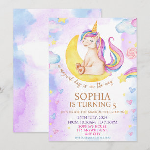 Magical Unicorns Purple Watercolor Birthday Party Invitation