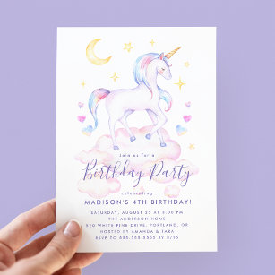 Magical Unicorns Purple Watercolor Birthday Party Invitation