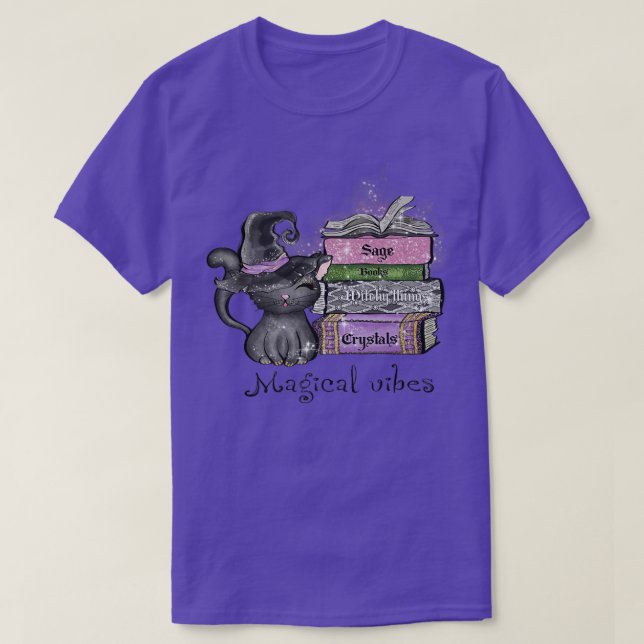Magical Vibes Black Cat in Witch Hat Magic Books H T-Shirt (Design Front)