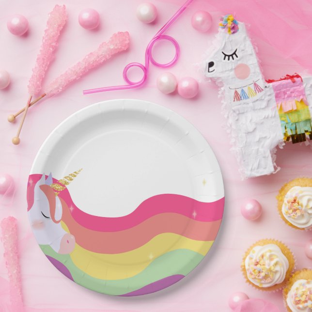 Magical Vibrant Rainbow Unicorn Birthday Paper Plate (Party)