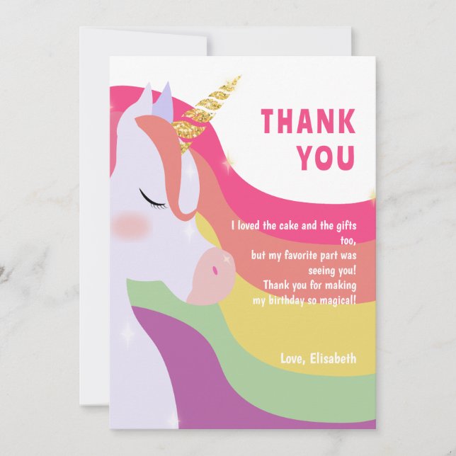 Magical Vibrant Rainbow Unicorn Birthday Thank You Card (Front)
