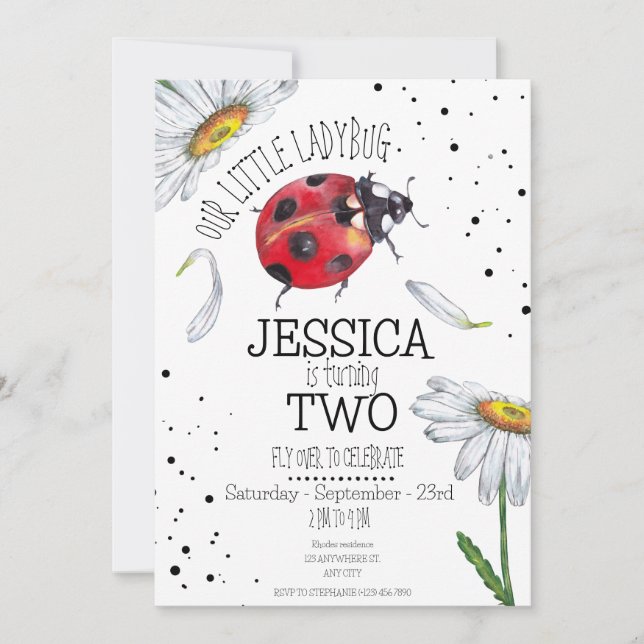Magical Watercolor Cute Birthday Girl Ladybug Invitation (Front)