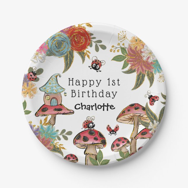 Magical Watercolor Cute Ladybug Girl Birthday Paper Plate (Front)