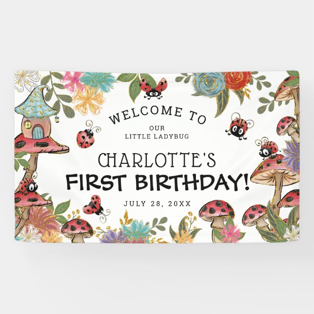 Magical Watercolor Cute Ladybug Girls Birthday Banner (Horizontal)