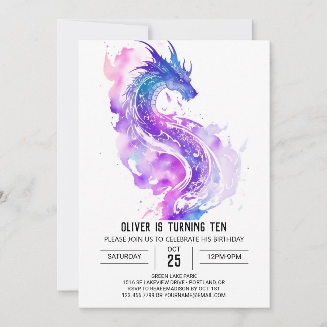 Magical Watercolor Dragon Birthday Invitation (Front)