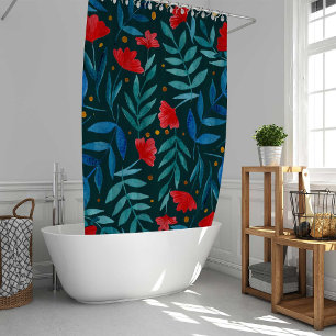 Magical watercolor garden - dark teal and red shower curtain