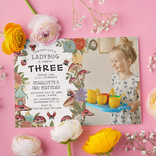 Magical Watercolor Ladybug Girls Birthday Photo Invitation