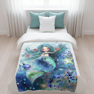 Magical Watercolor Mermaid Personalized Kids  Fleece Blanket