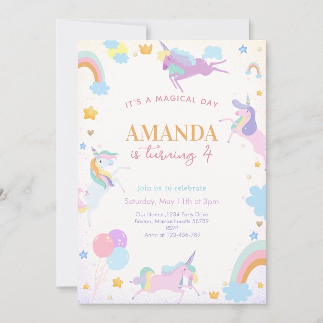 Magical Watercolor Unicorn  rainbow birthday Invitation (Front)