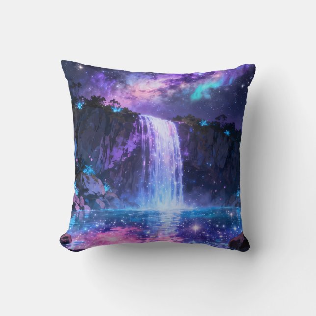 Magical Waterfall Night Sky Throw Pillow (Front)