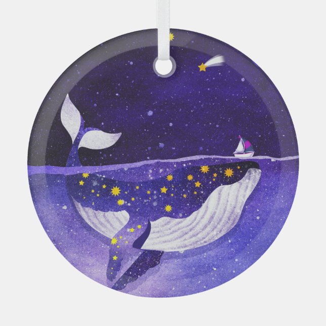Magical Whale: Dark Ocean Night Glass Tree Decoration (Front)