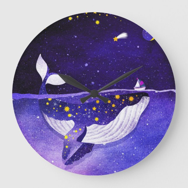 Magical Whale: Dark Ocean Night Large Clock (Front)