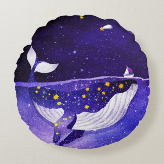 Magical Whale: Dark Ocean Night Round Cushion