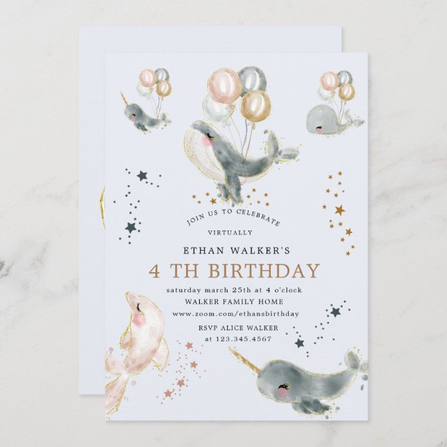 magical whales and stars virtual birthday party invitation (Front/Back)