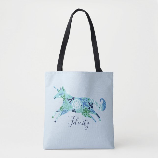 Magical Whimsical Blue Floral Unicorn Monogram Tote Bag (Front)