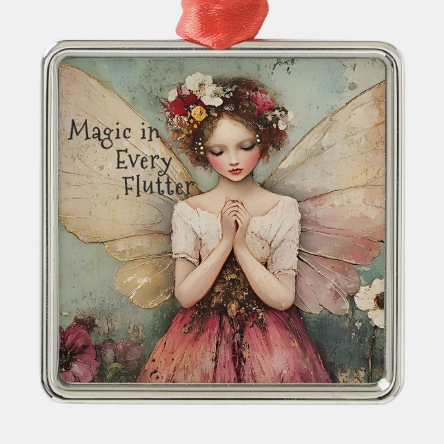 Magical Whimsical Fairy & Flower Garden with Quote Metal Ornament (Front)