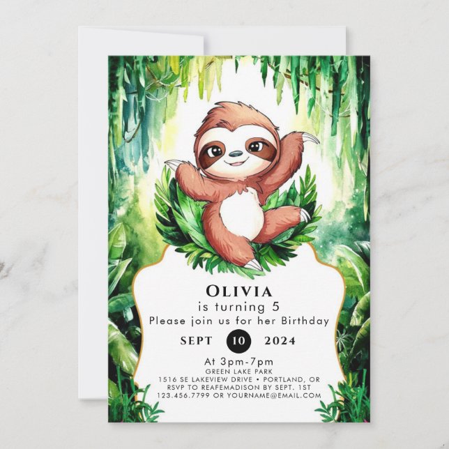 Magical Whimsical Sloth Birthday Invitation (Front)