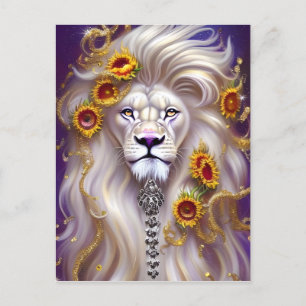 Magical White Lion and Sunflowers Graphic Postcard