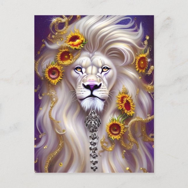 Magical White Lion and Sunflowers Graphic Postcard (Front)