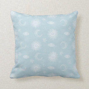 Magical White Moon Sun Stars Blue pattern Cushion