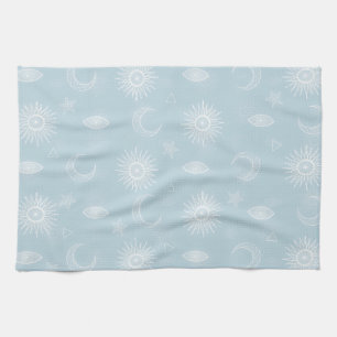 Magical White Moon Sun Stars Blue pattern Tea Towel