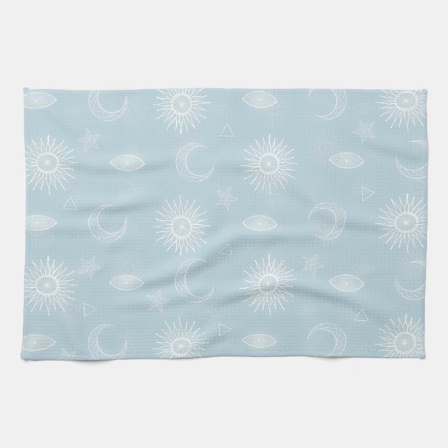 Magical White Moon Sun Stars Blue pattern Tea Towel (Horizontal)