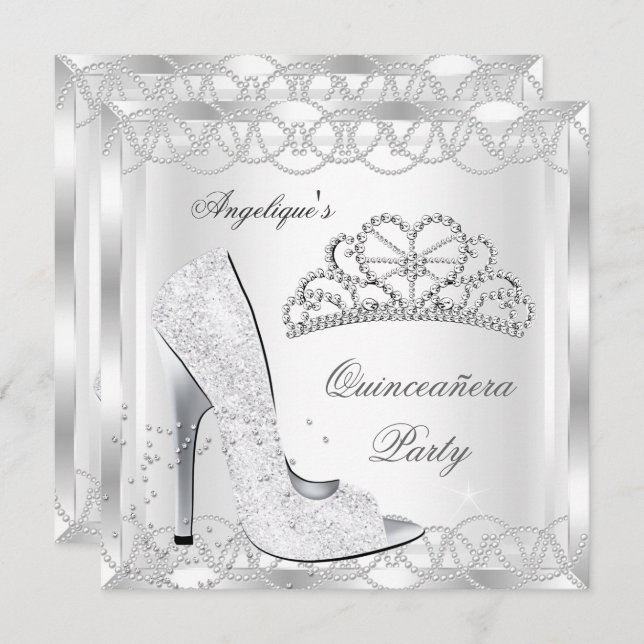 Magical White Silver Quinceanera High Heel Shoes Invitation (Front/Back)