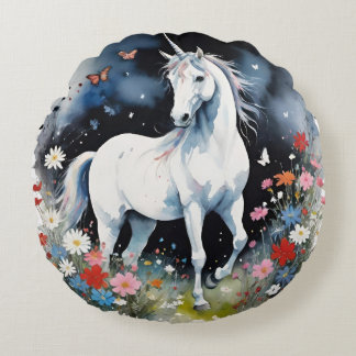Magical White Unicorn In A Night Garden Round Cushion