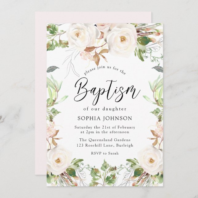 Magical White Winter Wonderland Blush Baptism Invitation (Front/Back)