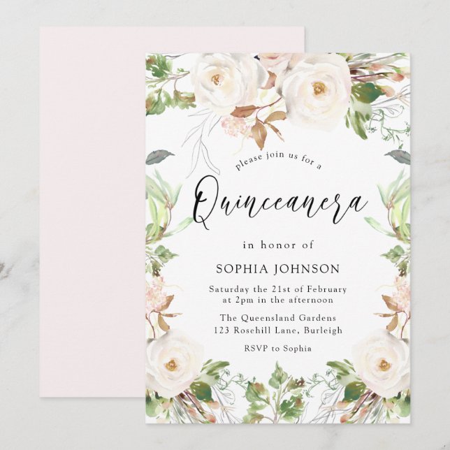 Magical White Winter Wonderland Blush Quinceanera Invitation (Front/Back)