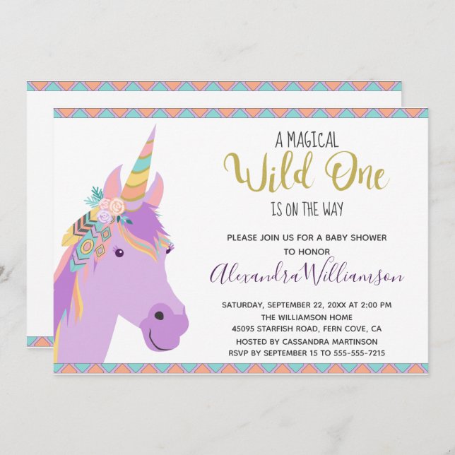 Magical Wild One Unicorn Purple Gold Baby Shower Invitation (Front/Back)