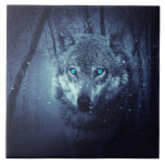 Magical Wild Wolf with Amazing Blue Eyes Ceramic Tile<br><div class="desc">Ceramic tile with an image of a magical mystical wolf standing in a forest with gentle snow falling around. 
It's striking blue eyes really grab your attention.</div>