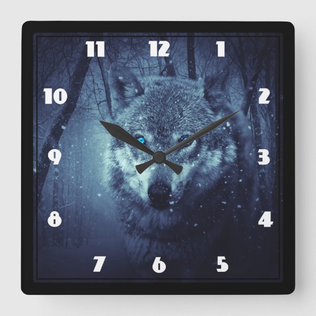 Magical Wild Wolf with Amazing Blue Eyes Square Wall Clock (Front)