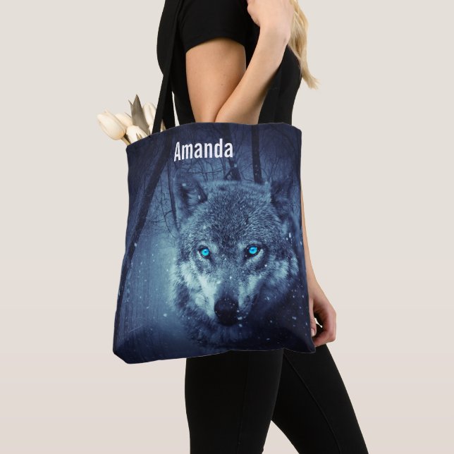 Magical Wild Wolf with Amazing Blue Eyes Tote Bag (Close Up)