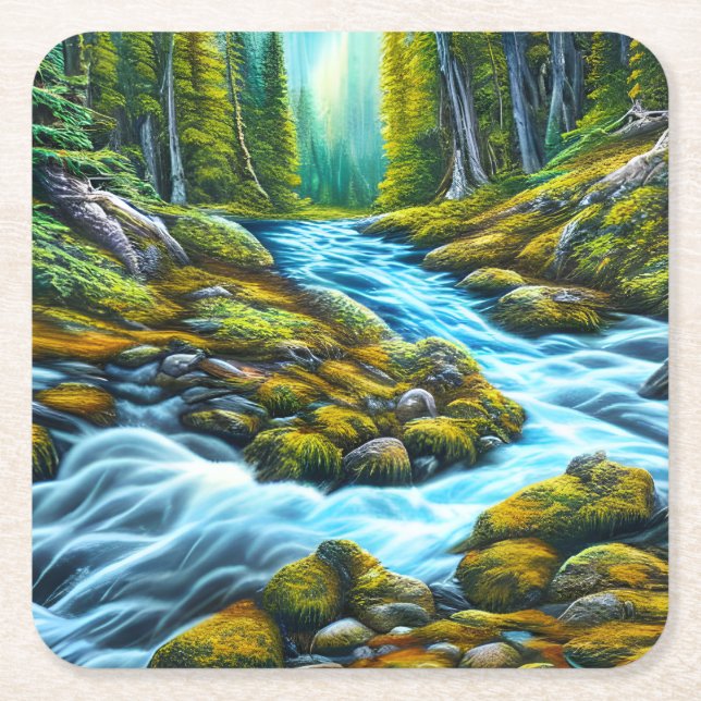 Magical Wilderness Bubbling Brook Square Paper Coaster (Front)