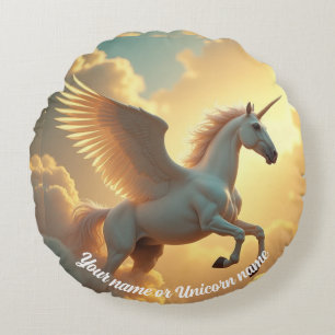 Magical winged Unicorn sky Monogram Name  Round Cushion