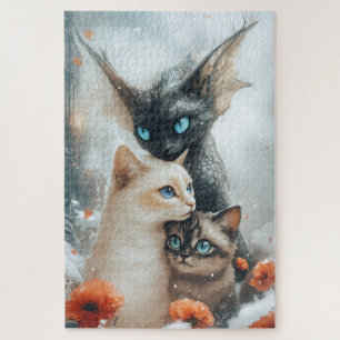 Magical Winter Cats with Fantasy Dragon Guardian Jigsaw Puzzle