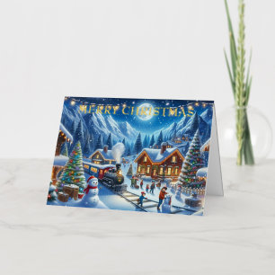 Magical Winter Christmas Train Village Foil Holiday Card