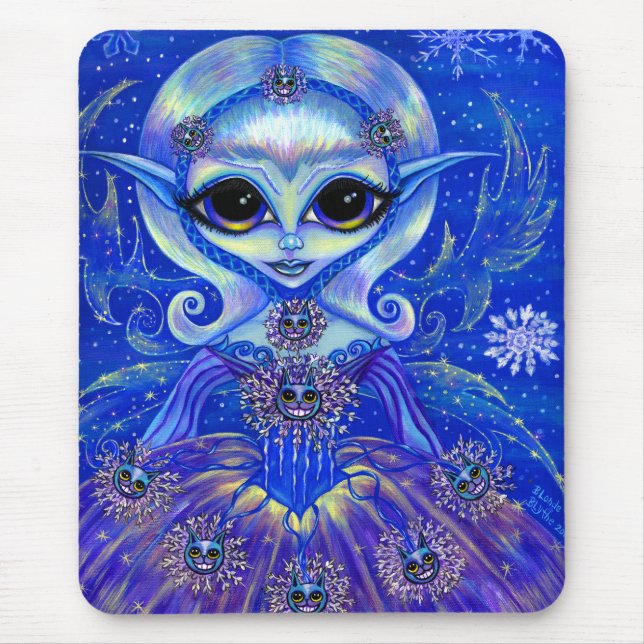 Magical Winter Fairy Girl Cats Snowflakes Big Eyes Mouse Pad (Front)