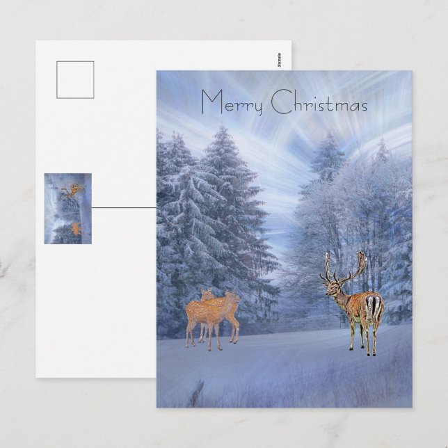 Magical winter forest with deer, christmas  holida holiday postcard (Front/Back)