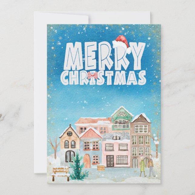 Magical Winter Houses Snow Village Merry Christmas Holiday Card (Front)