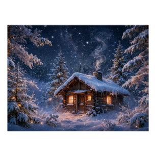 Magical Winter Night Cabin in the Woods Poster